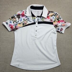 GGblue Luxe Sport Womens Floral Golf Polo Shirt White Short Sleeve Size S